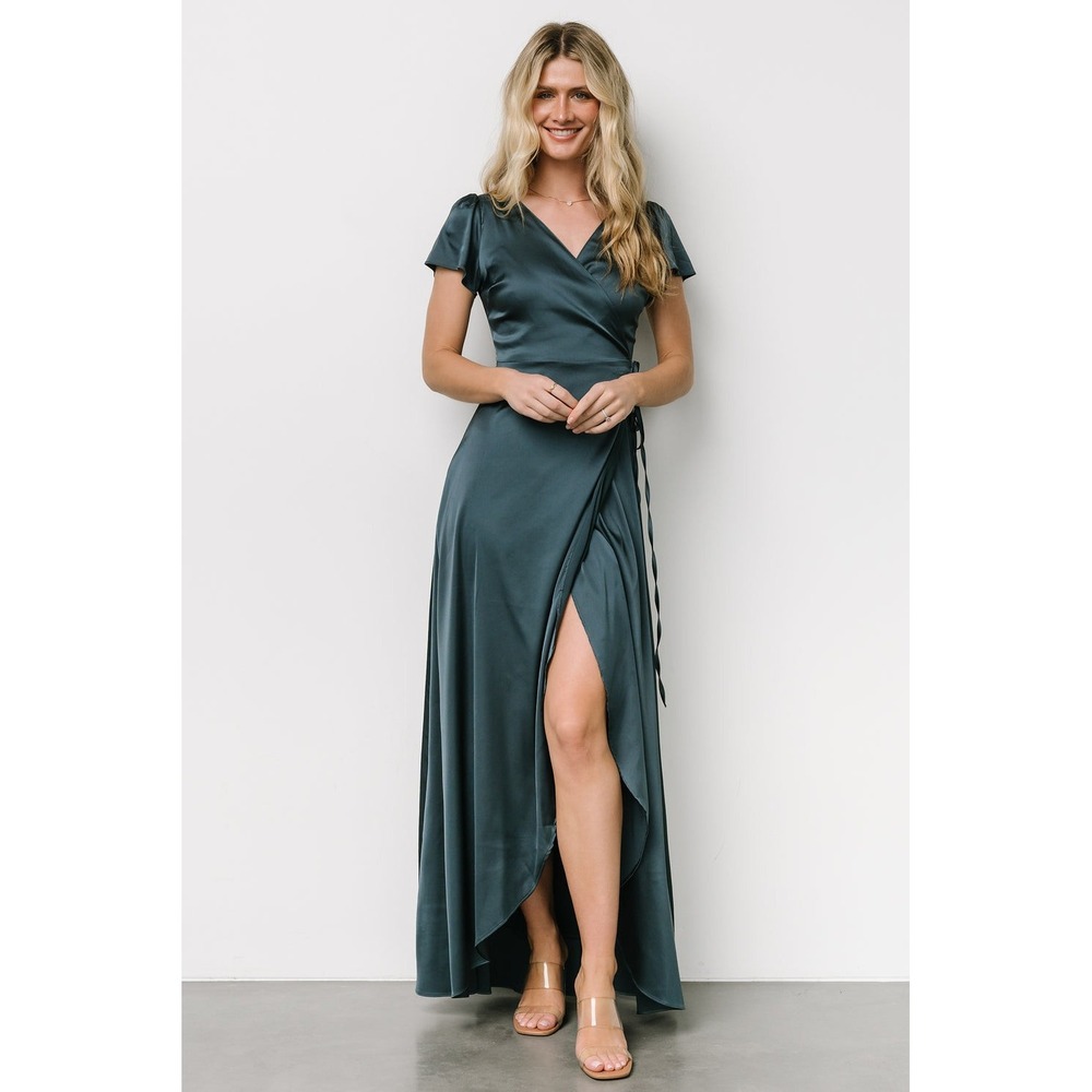 Baltic Born Deep Teal Satin Wrap Maxi Dress with Short Sleeves